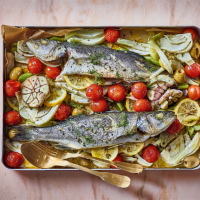 Roasted seabass with olives, cherry tomatoes & fennel